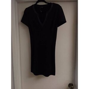 Black Stretchy Mini Dress with Black Vegan Leather Trim Sz Medium